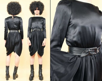 80s Vtg Black Satin Cocoon Draped Long Sleeve Dress Knee Length Avant Garde Klaus Nomi Women's Small