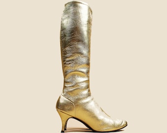 Vintage Gold Metallic Leather GoGo Boots: 1960s Mod Kitten Heel (US 7.5-8 / EU 38-38.5)