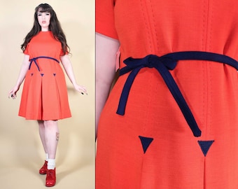 60s Vtg Red Orange Knit Arrow Mod Pleat Mini Dress Deadstock NWT Belted Women&#39;s Plus Size tag 18 fits 1X 2X