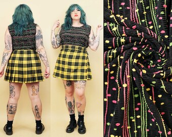 90s Y2K Vtg Black & Neon Candy Dots Stripes Sleeveless Tank Top Plus Size Stretchy Women's tag 18/20 2X 3X