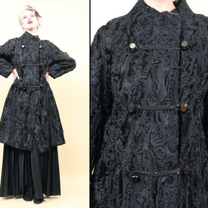 40s Vtg Black Curly Persian Lamb Heavy Winter Coat Jacket Satin Lining Reworked 1960s Buttons Goth Gothic Women&#39;s Medium *As-Is*