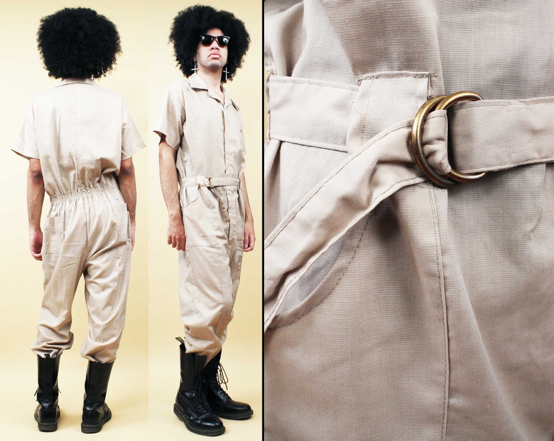 70s Vtg Beige Tan Mechanics Coveralls Zip up Belted Jumpsuit Etsy