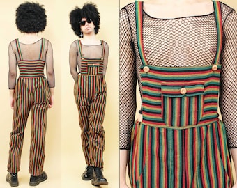 90s Vtg Woven Jamaica Stripe Overalls Suspender Pantsuit Jumpsuit Bib Women's Large Men's Small