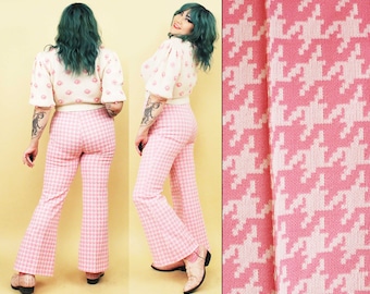 60s 70s Vtg rare Pink & White Houndstooth Gingham High Waisted Bell Bottom Flare Wide Leg Pants Plus Size tag 16 L-XL W32-34" H40-42"