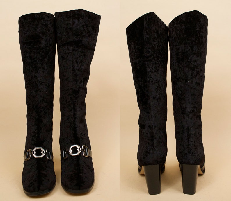 90s does 60s Vtg Black Velvet Knee High Stretchy Sock Boot with Chain Link Detail Mod GOGO Goth Platform Chunky Block Heel 9 EU 40