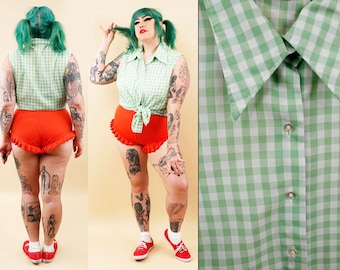 60s 70s Vtg Lime Green Gingham Collared Shirt Sleeveless Tank Summer Volup Plus Size 1X-2X B47" W46" H46" L28"