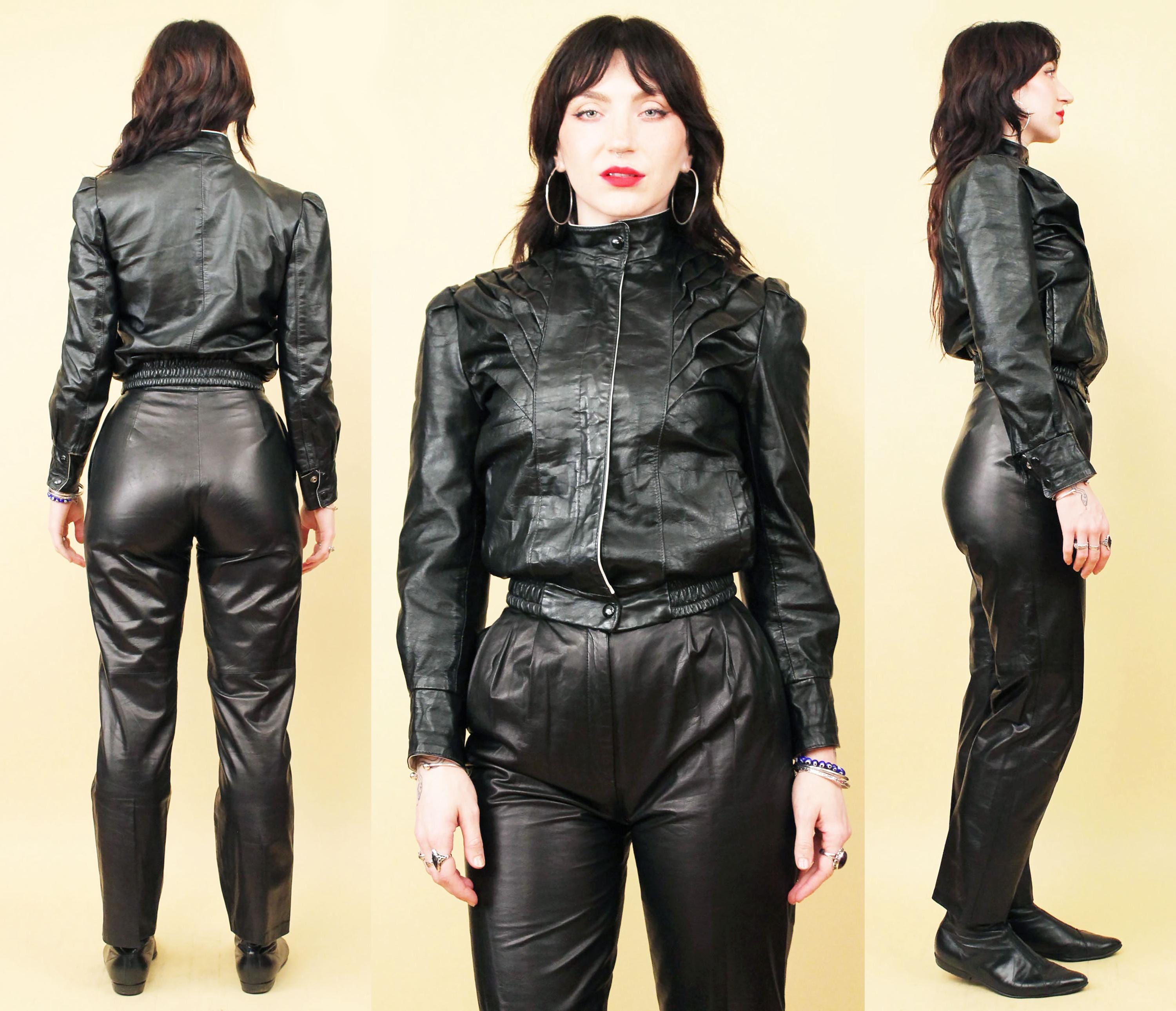 80s Vtg Black Leather Puff Sleeve Motorcycle Cafe Racer Jacket