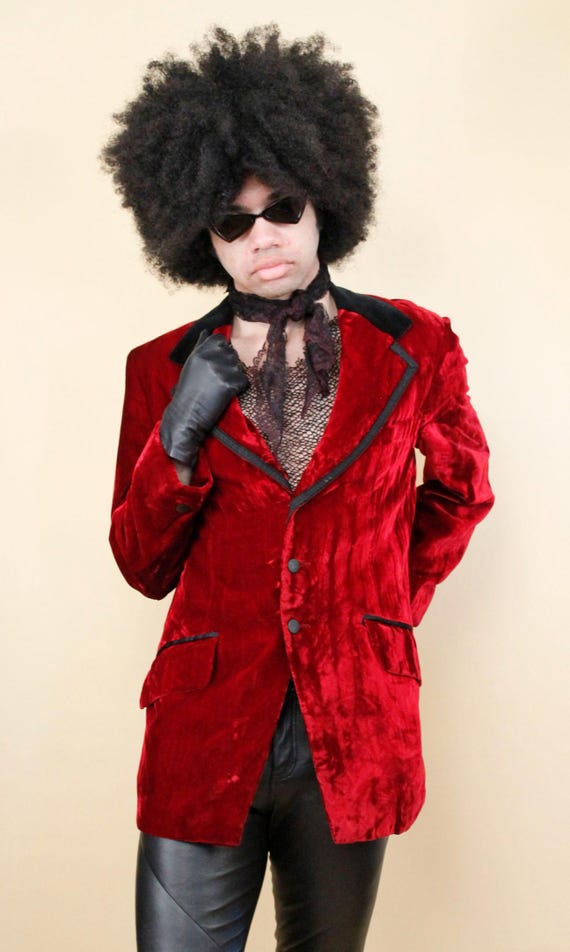 60s 70s Vtg Black & Dark Blood Red Velvet Smoking Jacket Blazer