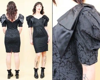 80s Vtg Black Brocade Tapestry Mini Dress Puff Sleeve Bow Giant Sleeve Formal Prom Funeral Women's Goth Punk tag 3/4 XS