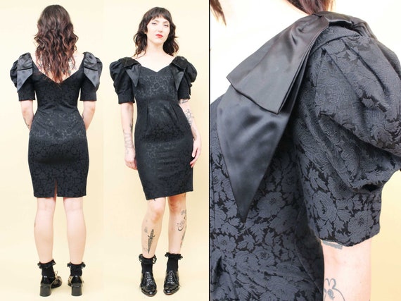 80s Vtg Black Brocade Tapestry Mini Dress Puff Sl… - image 1