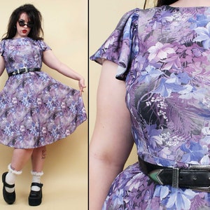 80s Vtg Flutter Sleeve Lavender Knee Length Dress Floral Print Women's Large 12 14