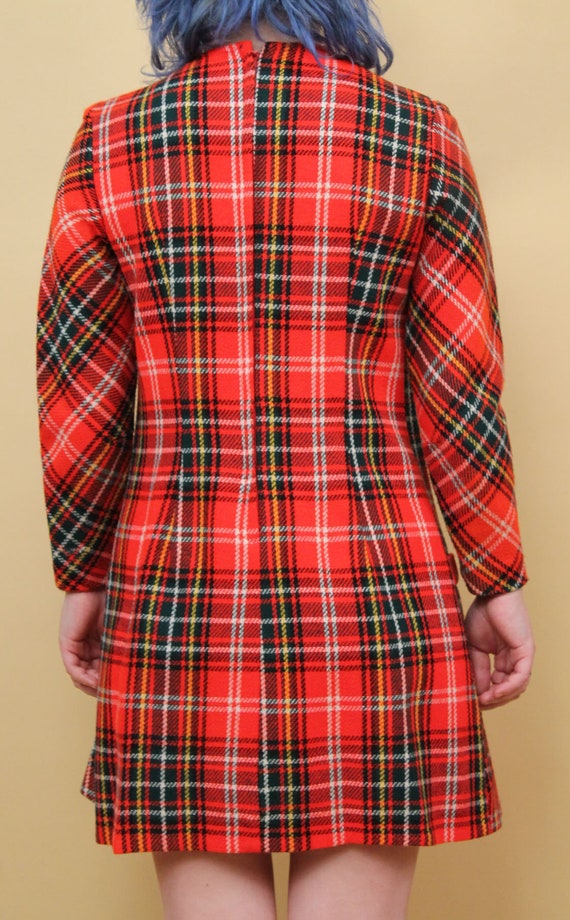 60s Vtg Plaid Red Tartan Wool Mini Dress Long Sle… - image 9