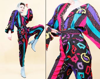 Mono de payaso Jeanne Marc de los años 80 con estampado abstracto, estilo vanguardista, arte para vestir, pantalón corto con cinturón, talla XS-S.