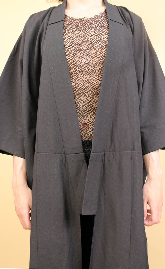 60s Vtg Black Heavy Weight Kimono Boxy Robe Japan… - image 9
