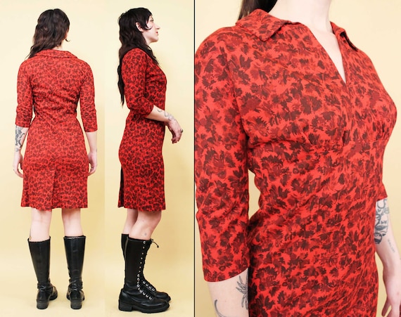 40s 50s Vtg Red & Brown Novelty Print Dress Colla… - image 1