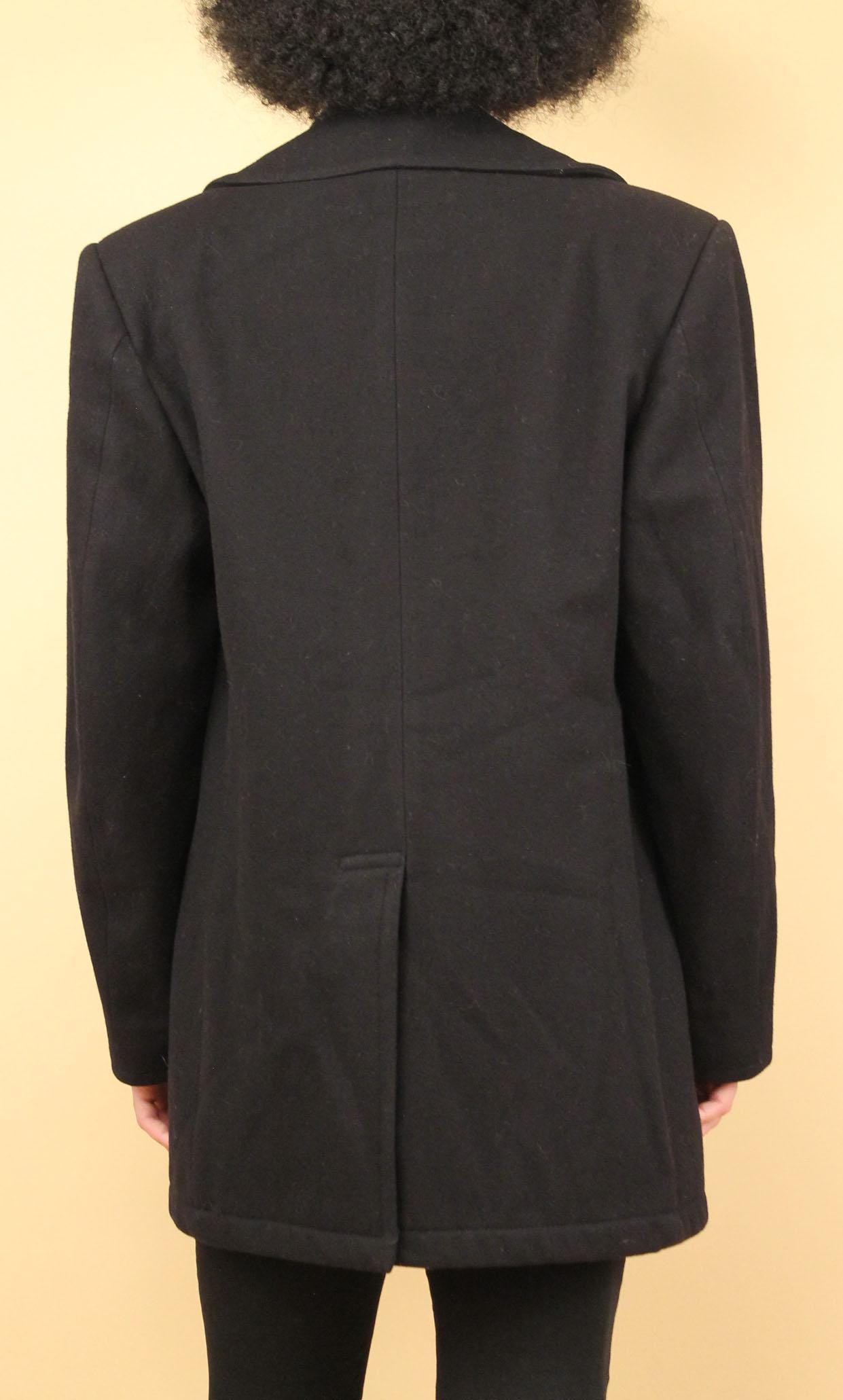 60s Vtg Black Wool Pea Coat Gold Anchor Military Button Sailor