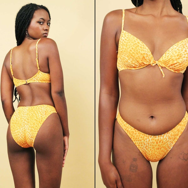 80s 90s Vtg Orange Yellow Leopard Cheetah Print Underwire Bikini Swimsuit 2pc Hi Cut Top Women's tag Small