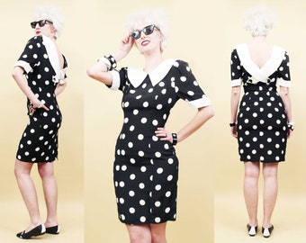 80s Vtg Black & White Polka Dot Mini Dress Peter Pan Collar Button Low Cut Back Detail Pin Up VLV Women's tag 3/4 Xs Sm