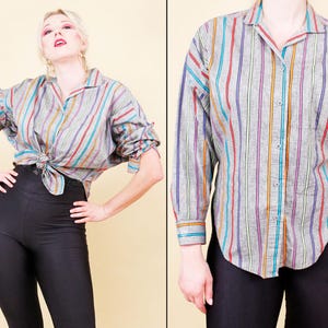 80s Vtg ESPIRIT Sport 100% Cotton Button Up Collared Blouse Vertical Rainbow Stripe on Grey New Wave Women's tag S oversized B40" W36" L26"