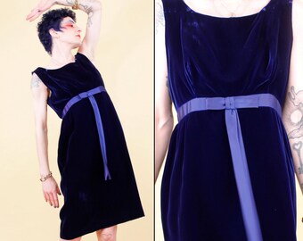 60s Vtg Blue Silk Velvet Mini Dress with Bow Sleeveless Party Cocktail Women's Sm B35-36" W28" H40" L38" *As-Is*