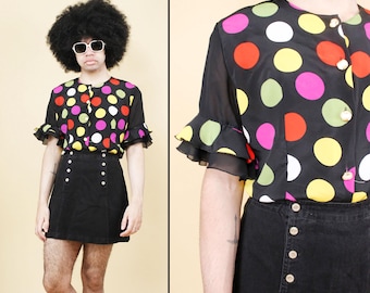 80s Vtg Black & Rainbow Candy Polka Dot Blouse Button Up Shirt Ruffle Sleeve Semi Sheer Women's S-M B38" W36" H40" L25"