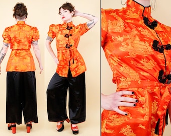 30s 40s Vtg Silk Chinese Pajama Set Black & Orange Gold Embroidery Horse Pagoda Wide Leg Pants Puff Sleeve Blouse Mandarin Collar Xs