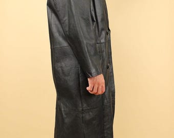 80s Vtg Black Leather Long Jacket Trench Coat Duster Length Goth