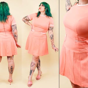 60s Pink Flamingo Mini Dress: Vintage Mod Drop Waist Skirt - M/L