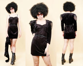 80s Vtg Black Stretch Velvet Mini Dress & Bolero Crop Jacket Set 2pc Women's tag 11 S-M B36-38" W28-30" H34-38" L34