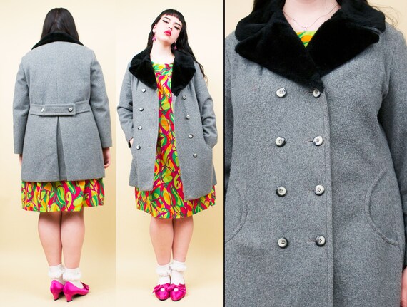 60s 70s Vtg Grey & Black Faux Fur Pointed Collar T