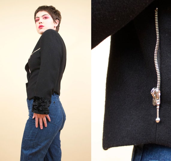 80s Vtg Black Wool & Faux Fur Zipper PARASUCO Des… - image 6