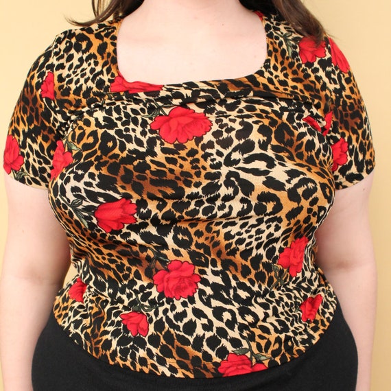 90s Y2K Vtg Stretchy Leopard Print Red Rose Print… - image 7