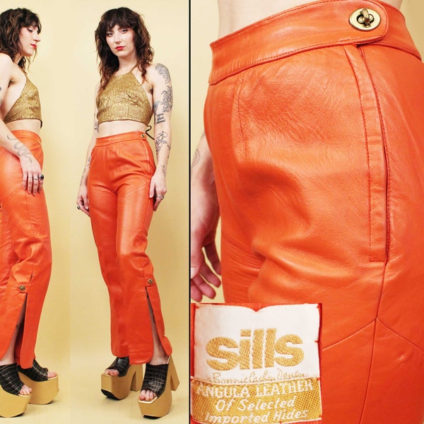 60s Vtg Bonnie Cashin SILLS Genuine Leather Orange Turn Lock Pants Split Leg Mod Coach Designer rare *As-Is* Women's Xs