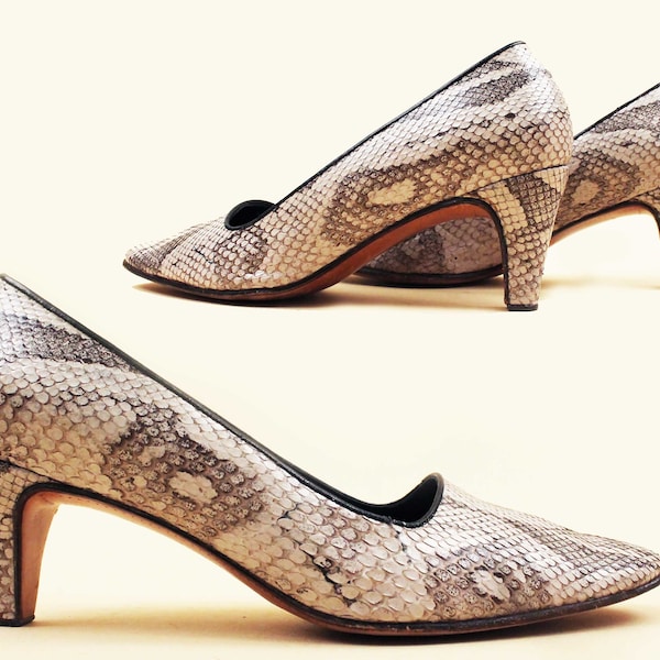 60s Vtg Python Snakeskin High Heels Metal Tips Square Toe Women's 8 7.5 EU 38.5 38 *As-Is*