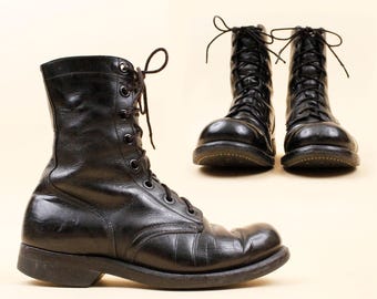 60s Vtg 1966 dated Black Leather Combat Boots Lace Up Ankle Boot Tactical Jump Army Military Men's US 8 EU 41 Women's 9.5 10