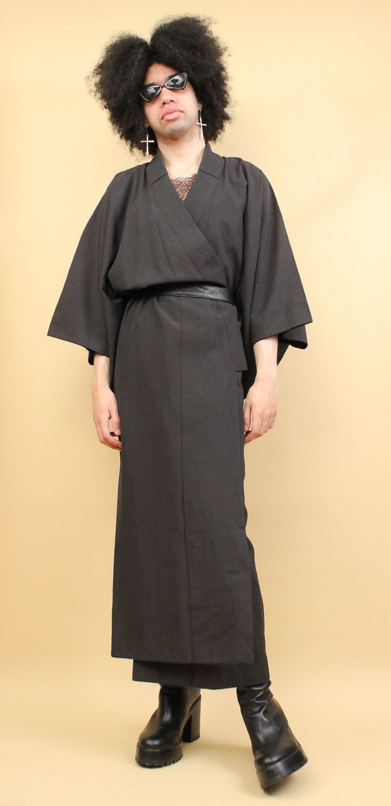 60s Vtg Black Heavy Weight Kimono Boxy Robe Japan… - image 4