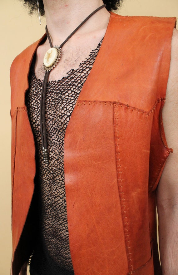 60s 70s Vtg Brown Leather Whipstitch Vest Jacket … - image 4