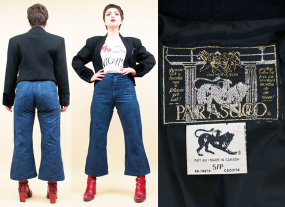 80s Vtg Black Wool & Faux Fur Zipper PARASUCO Des… - image 1