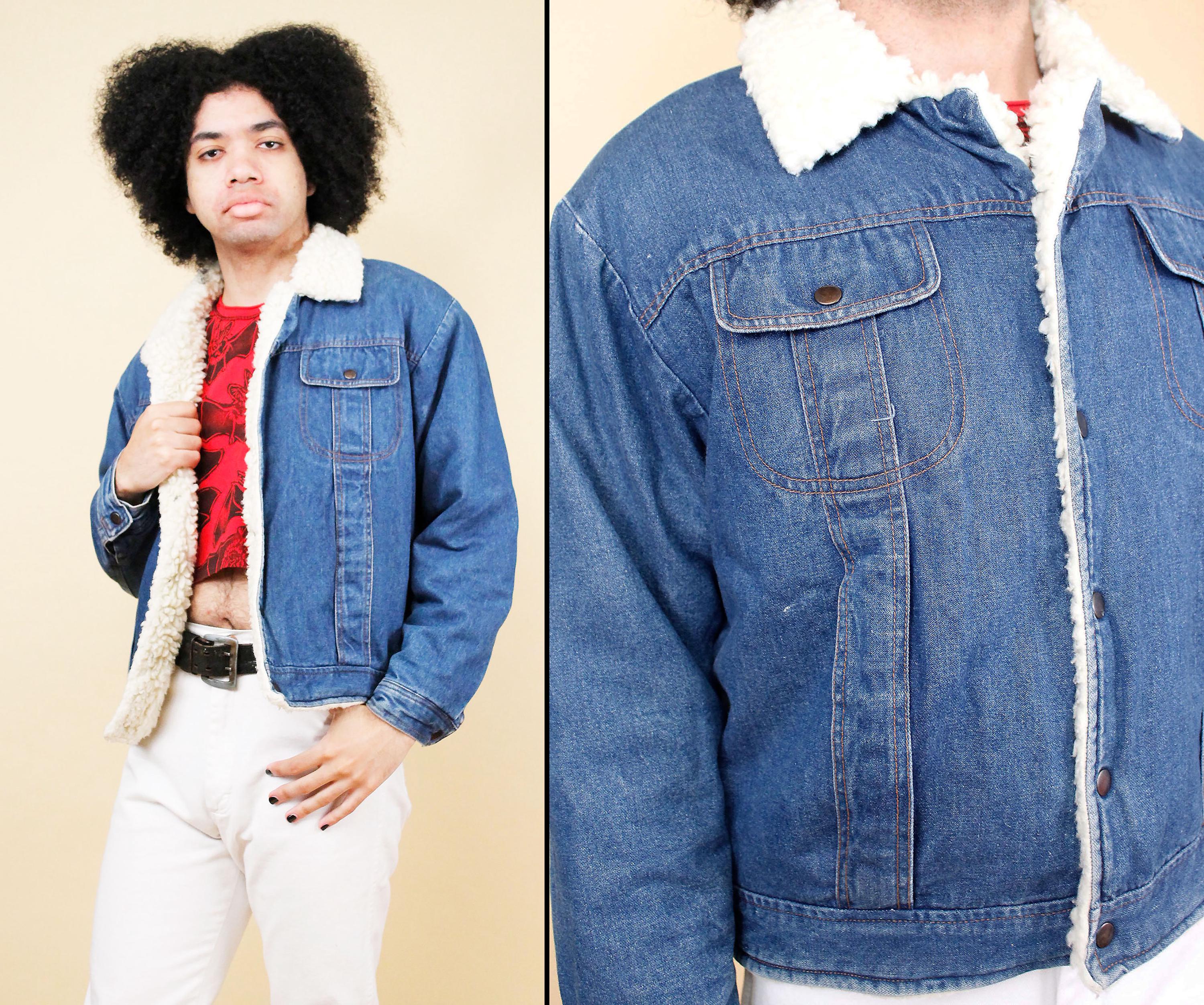 70s 80s Vtg Blue Jean Denim Sherpa Jacket Coat Snap Button Trucker