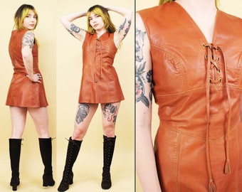 60s 70s Vtg Brown Leather Corset Mini Dress Biker Motorcycle Metal Punk Hippie Babe Custom Arrow Butt Detail S Petite B32-34" W26" H34" L27"