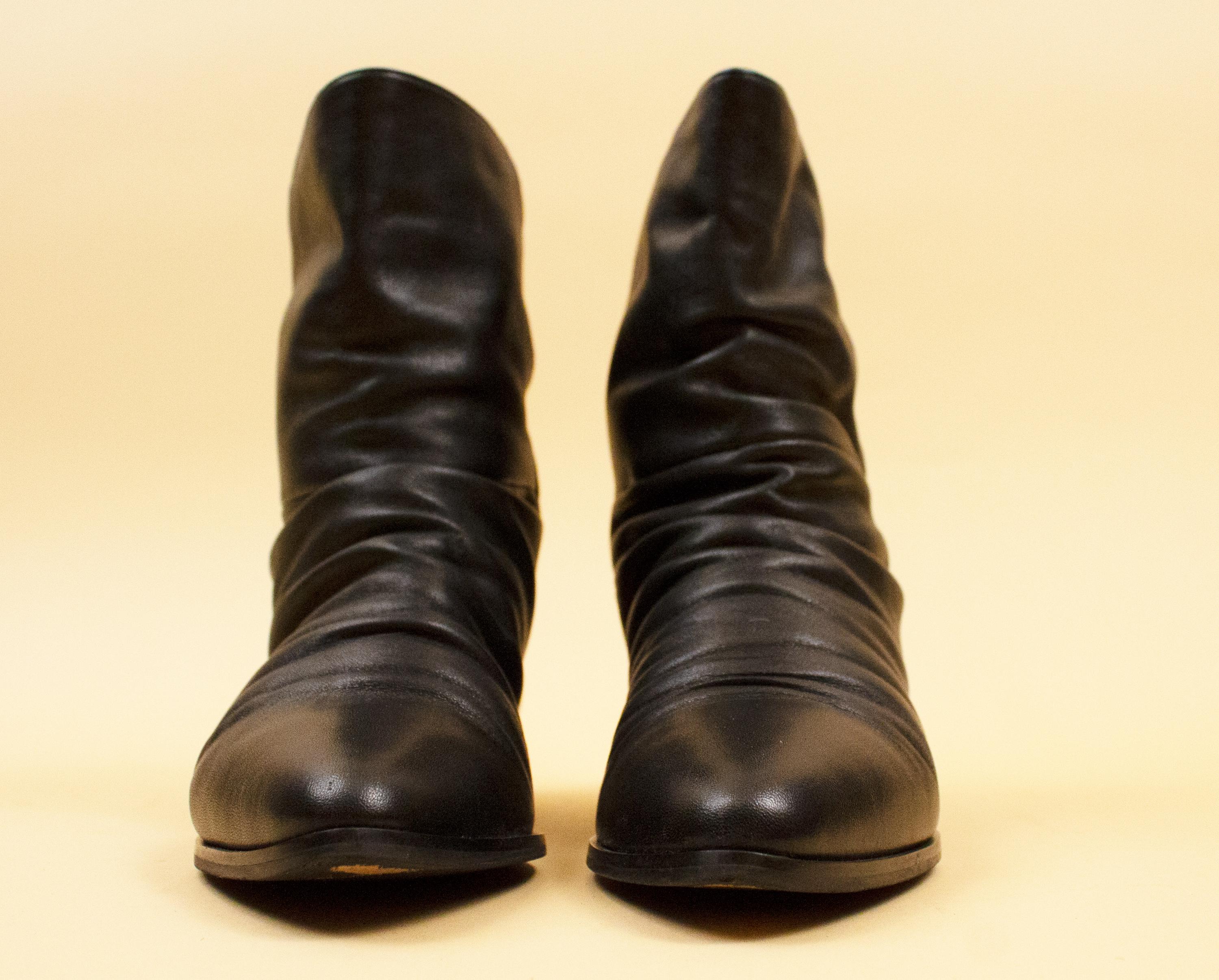 80s Vtg Black Leather Pointy Toe Slouch Ankle Boots Punk New