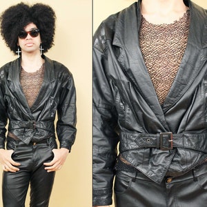 80s Vtg Black Leather Jacket Cropped Coat V Shape Buckle Front New Wave Punk Women&#39;s tag Large Men&#39;s Small