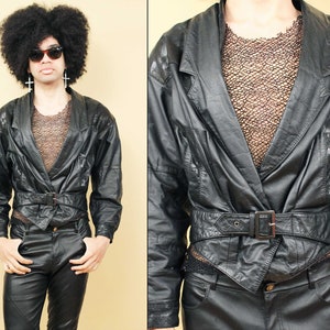 80s Vtg Black Leather Jacket Cropped Coat V Shape Buckle Front New Wave Punk Women's tag Large Men's Small