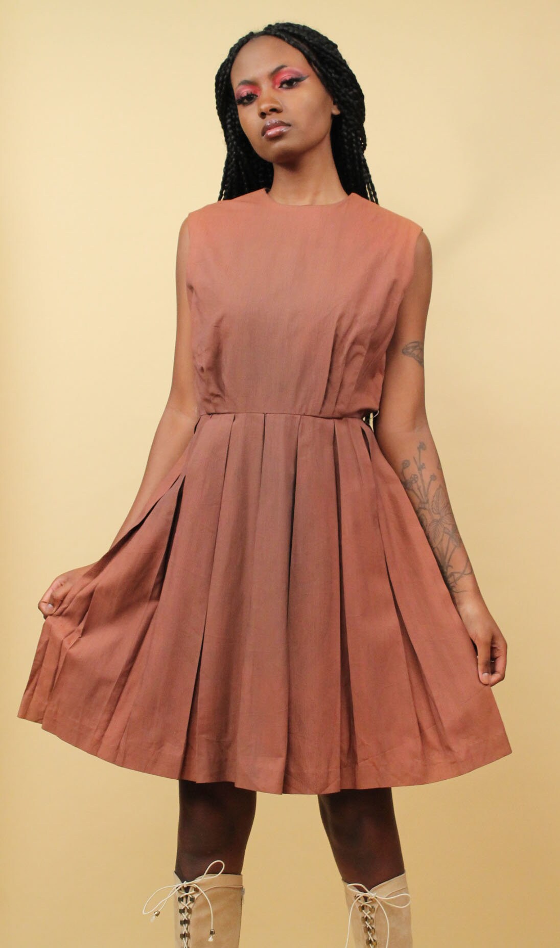 ワンピース Mid 1950s Vintage Brown Cotton Dress 1950s sheer brown cotton + white dot dress – Hemlock Vintage