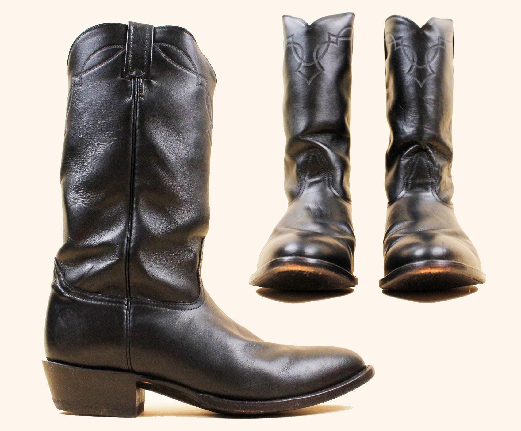 70s Vtg Nocona Black Thick Leather Embroidered Cowboy Boot Western