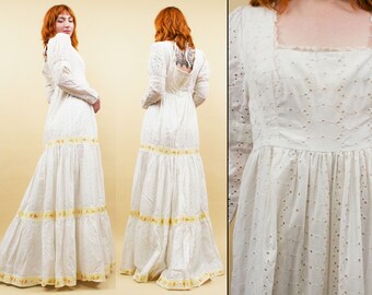 60s 70s Vtg White Cotton Eyelet Lace Tiered Mutton Sleeve Dress Hippie Wedding Bridal Spring As-Is Sm 4 6 8