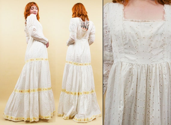 60s 70s Vtg White Cotton Eyelet Lace Tiered Mutto… - image 1