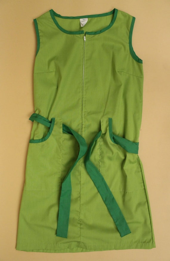 60s Vtg Green 2 Tone Mini Dress Shift Sheath Zip … - image 9