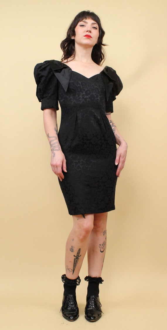 80s Vtg Black Brocade Tapestry Mini Dress Puff Sl… - image 9