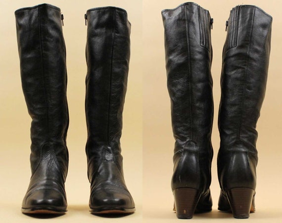 70s Vtg Black Leather Knee High Boot Zip Up Mod G… - image 3